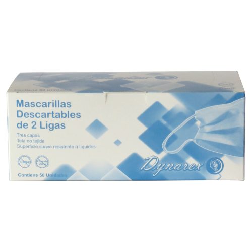 MASCARILLAS DESCARTABLE DE TRES CAPAS QUIRURGICA CELESTE DYNAREX CUBRE BOCAS CAJA DE 50